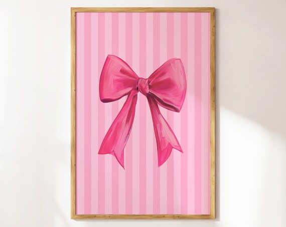 Pink Bow Striped Coquette Girly Preppy Trendy Bedroom Decorative Wall Art
