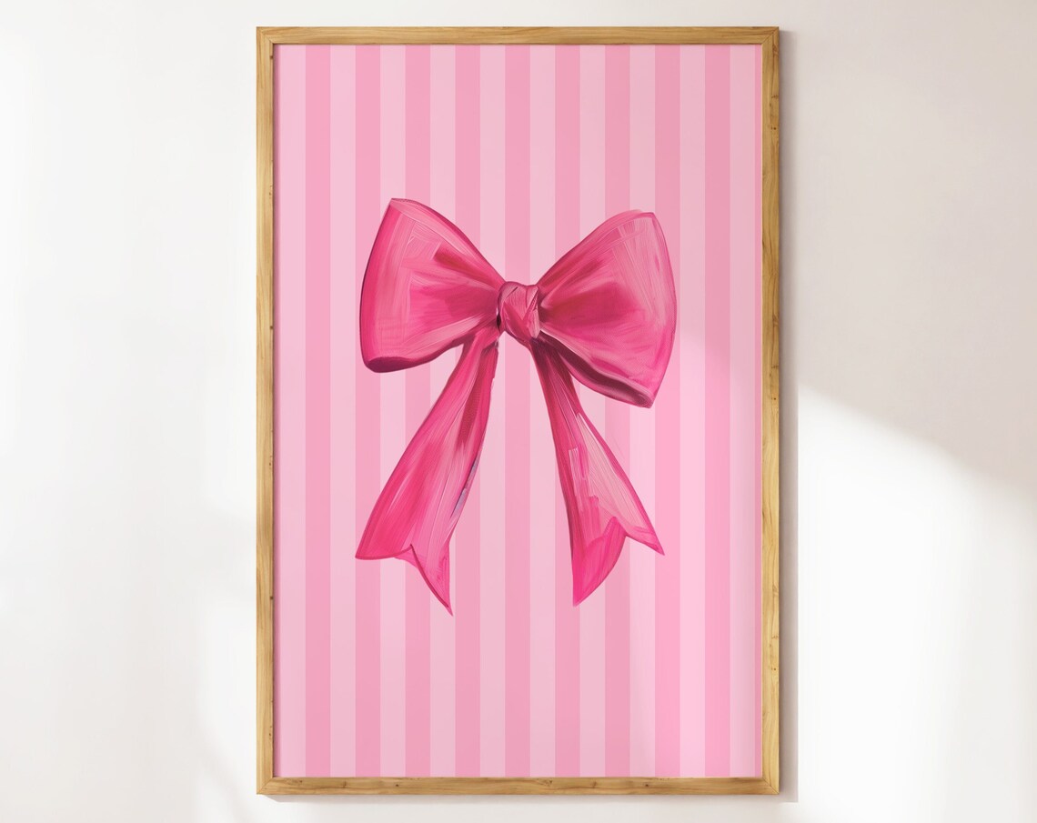 Pink Bow Striped Coquette Girly Preppy Trendy Bedroom Decorative Wall Art