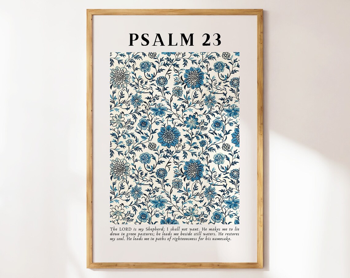 Psalm 23 Blue Vintage Christian Floral Art Print