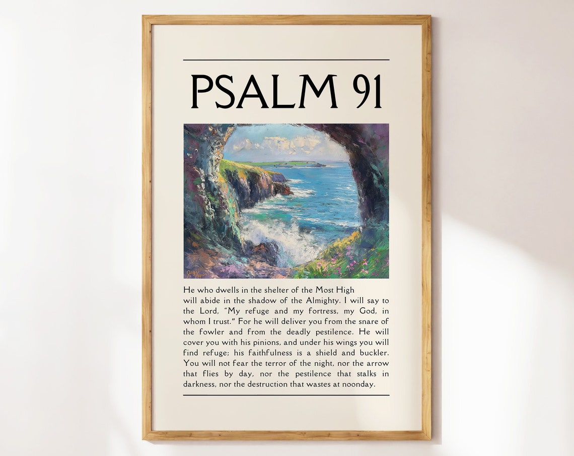 Psalm 91 Protection Verse Painted Ocean Cove Seascape Poster