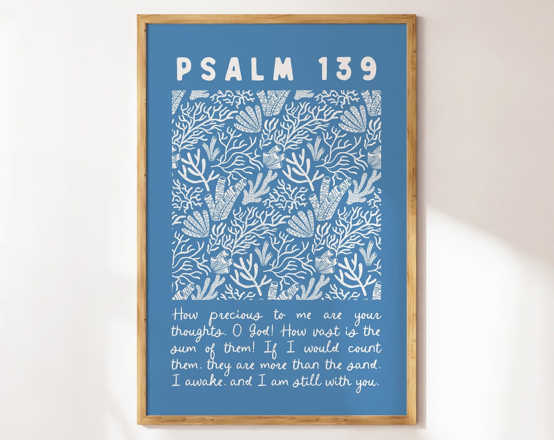 Psalm 139 Coral Reef Ocean Pattern Blue Scripture Verse Poster