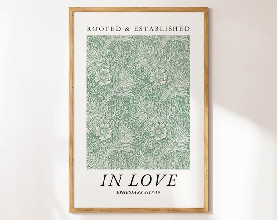 Rooted And Established In Love Christian Wall Art Vintage Floral Pattern Sage Green Wall Art Bible Verse Home Decor Housewarming Gift