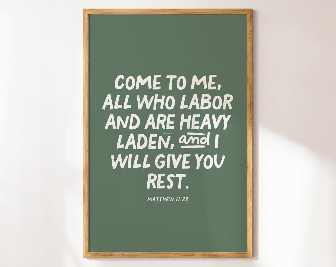 Come To Me All Who Labor Matthew 11 28 Sage Green Christian Rest Quote Wall Art