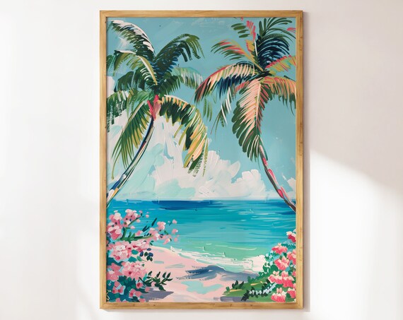 Colorful Palm Tree Tropical Beach Painting Coastal Art Poster