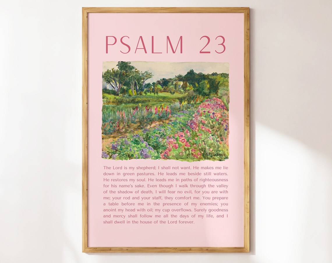 Psalm 23 Vintage Flower Art Print, Christian Verse
