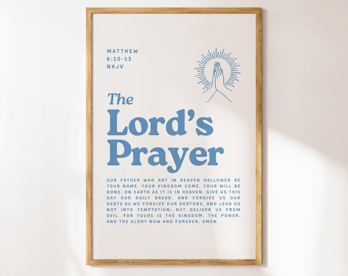 The Lords Prayer Matthew 6 10 13 Blue Retro Praying Hands Christian Wall Poster