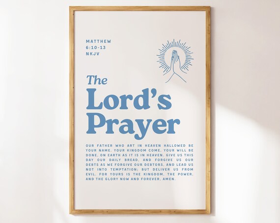 The Lords Prayer Matthew 6 10 13 Blue Retro Praying Hands Christian Wall Poster