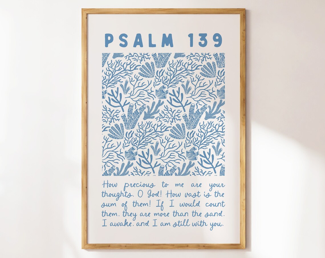 Psalm 139 Coastal Scripture Art Print, Blue Decor