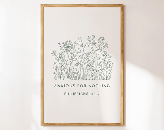 Anxious for Nothing Philippians 4 6 7 Green Botanical Line Art Christian Poster