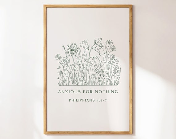 Philippians 4 Anxious For Nothing Christian Aesthetic Wall Art Modern Christian Wall Art Boho Floral Line Art Poster Green