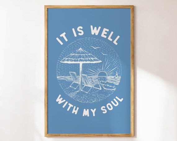 It Is Well With My Soul Beach Sunrise Blue Vintage Coastal Bible Verse Wall Art