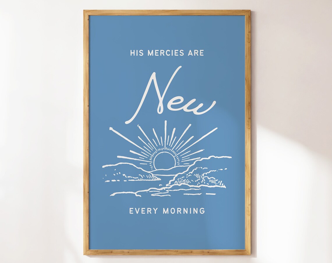 His Mercies Are New Every Morning Sunrise Retro Blue Christian Poster