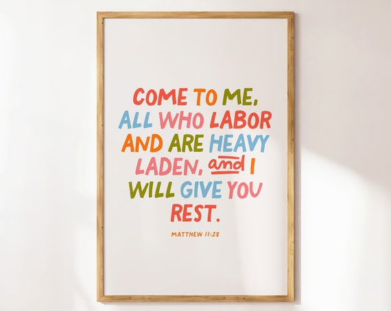 Matthew 1128 Colorful Christian Wall Art Minimalist Bible Verse Quote Wall Art Product Apartment Housewarming Gift