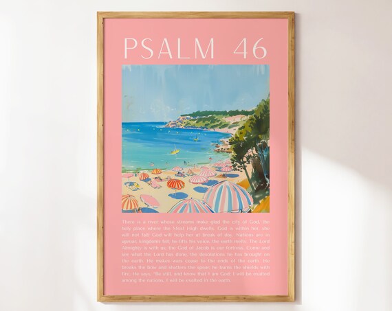 Psalm 46 Beach Umbrella Coastal Painting Pink Scripture Poster