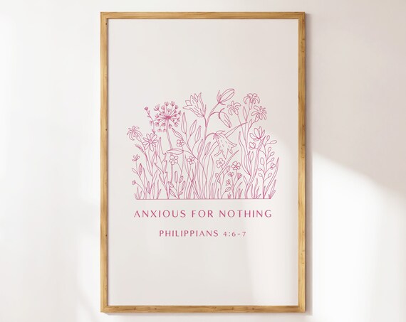 Anxious for Nothing Philippians 4 6 7 Pink Wildflower Line Art Christian Poster