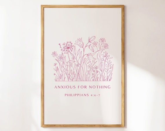 Philippians 4 Anxious For Nothing Christian Trendy Pink Art Modern Christian Art Boho Minimalist Floral Line Art Poster