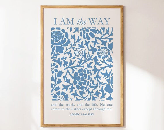 I Am the Way John 14:6 Blue Floral Block Vintage Botanical Art Poster