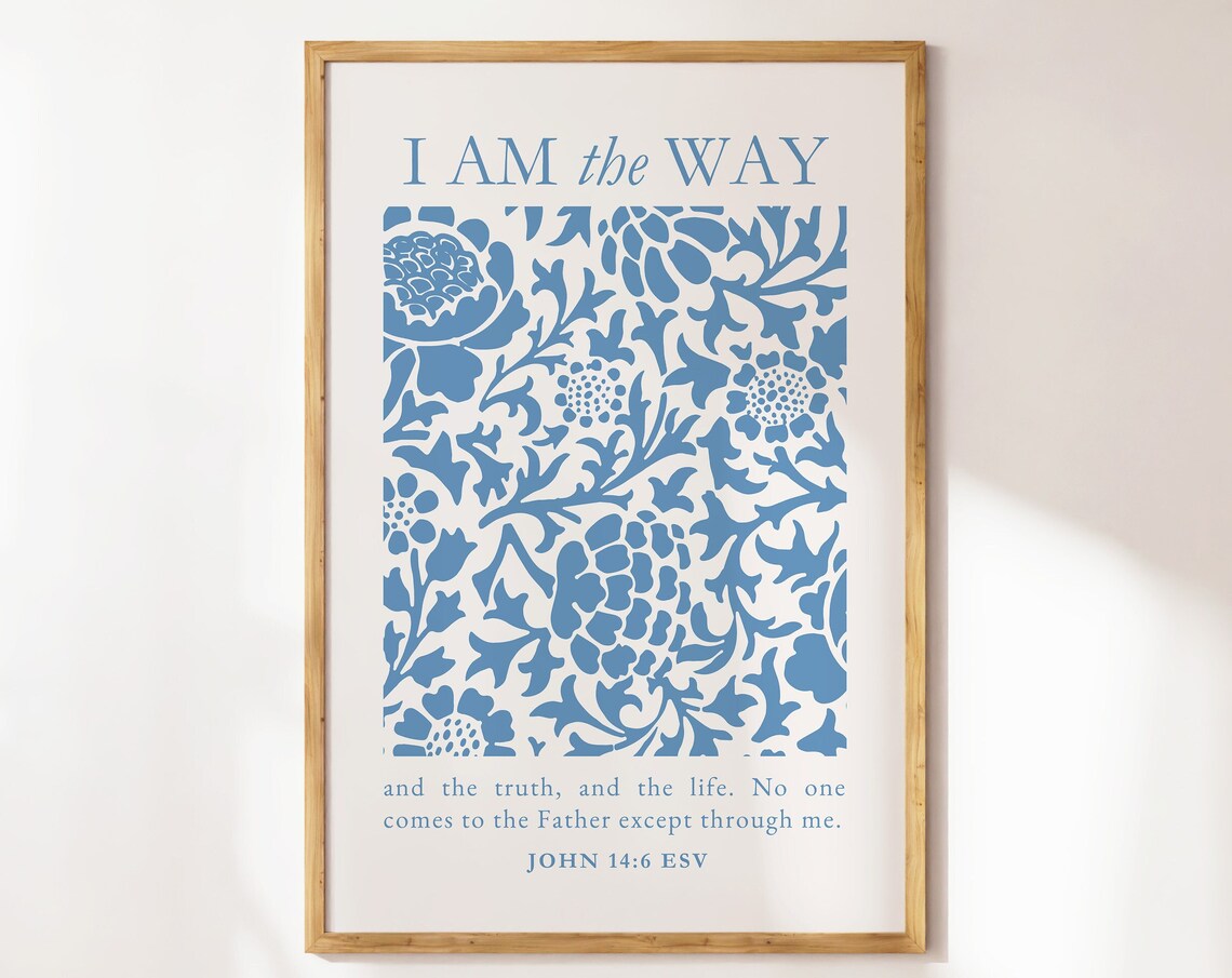 I Am the Way John 14:6 Blue Floral Block Vintage Botanical Art Poster