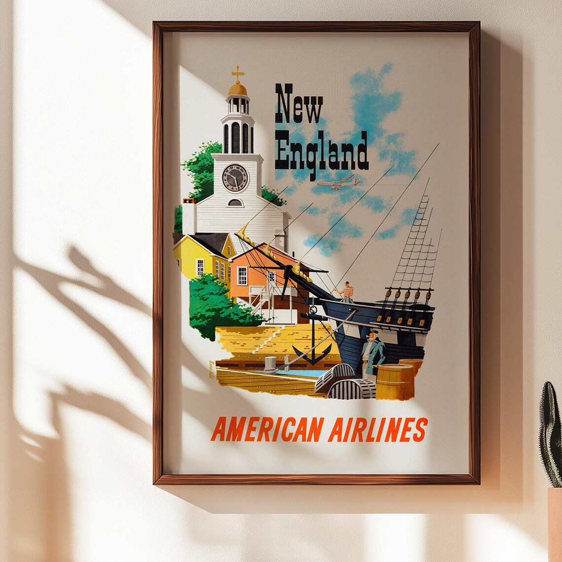 New England American Airlines Vintage Travel Poster Historic Harbor