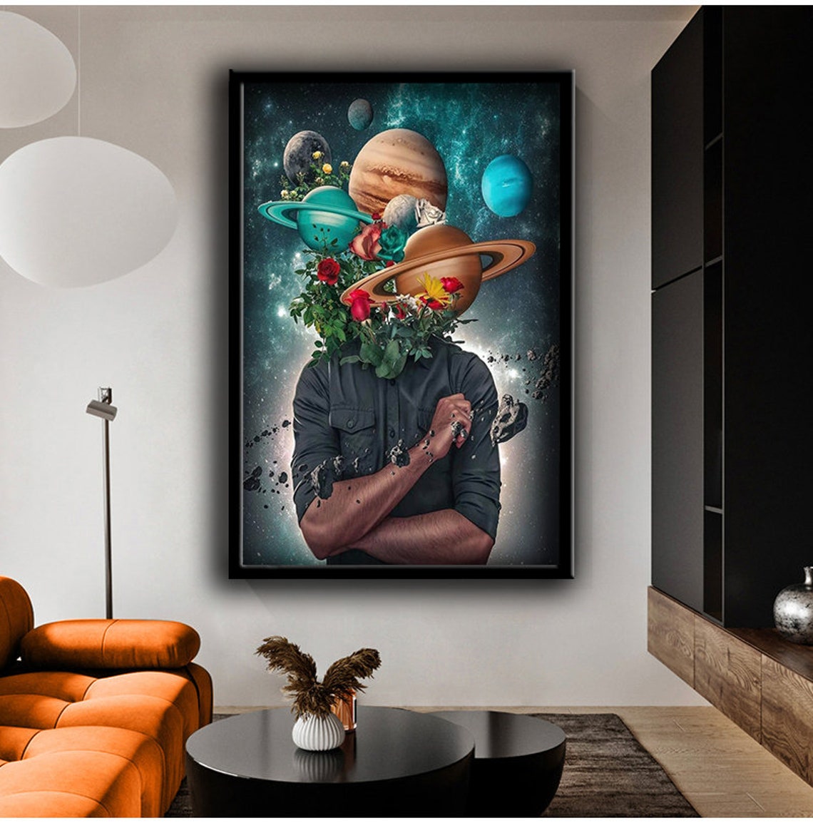 Man With Planets Flower Head Surreal Space Galaxy Collage Art Poster - Image 2
