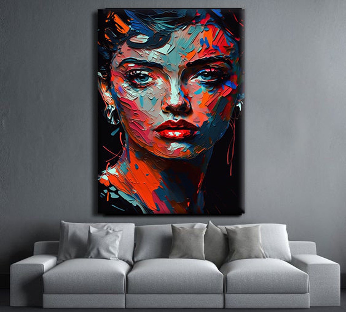 Woman Face Impasto Palette Knife Red Blue Modern Portrait Art Print - Image 4