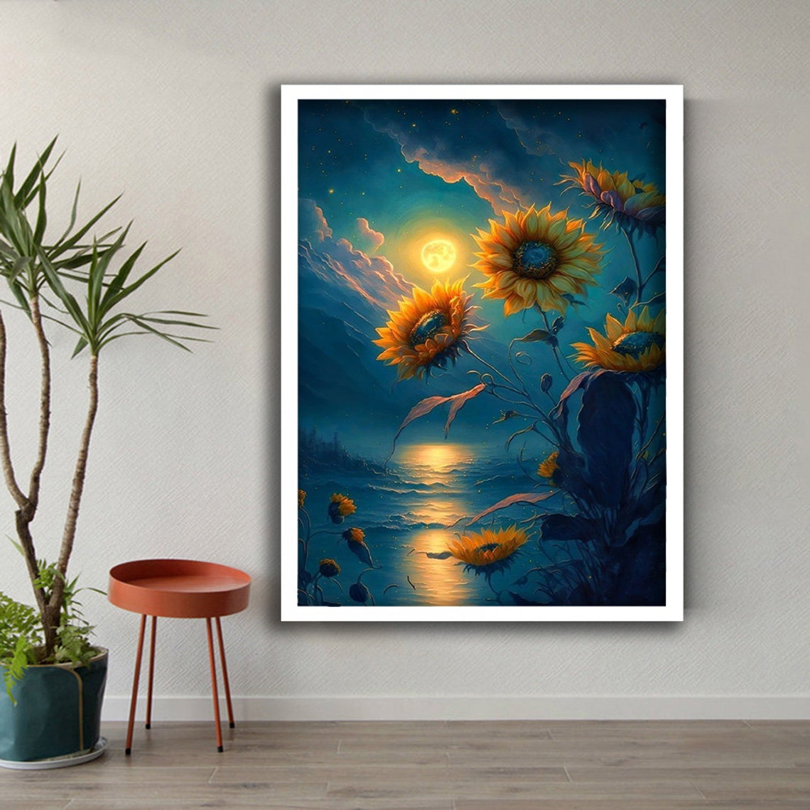 Sunflowers Under Full Moon Night Blue Gold Fantasy Floral Dream Poster - Image 3
