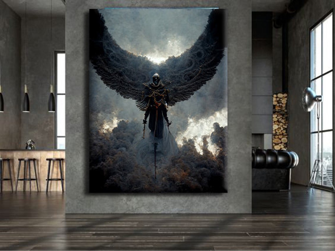 Dark Winged Warrior Angel Storm Clouds Gothic Fantasy Art Poster