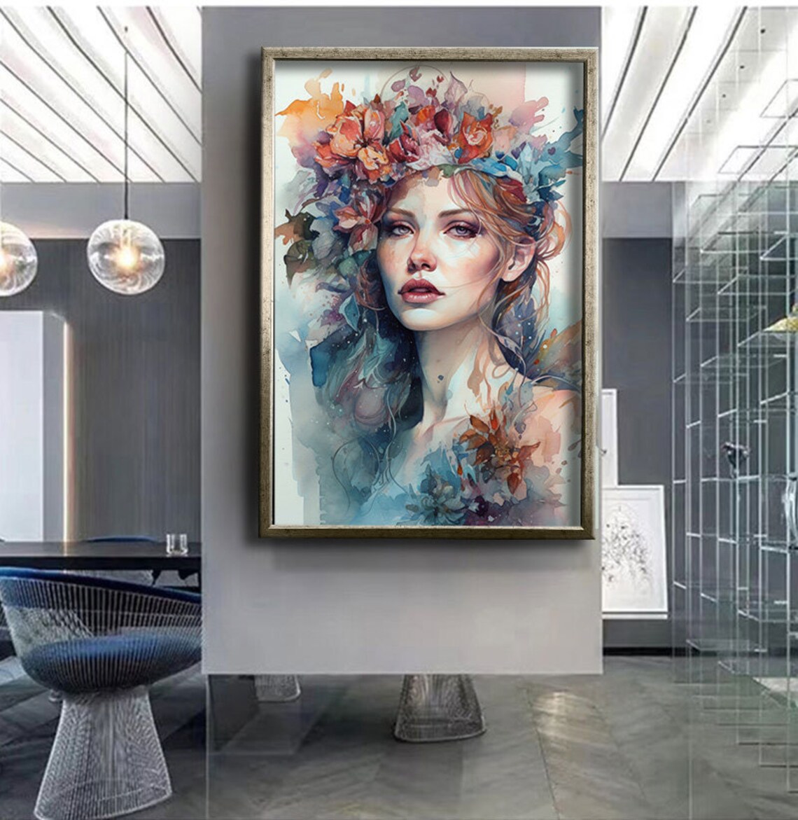 Watercolor Woman Floral Crown Dreamy Botanical Portrait Poster - Image 4
