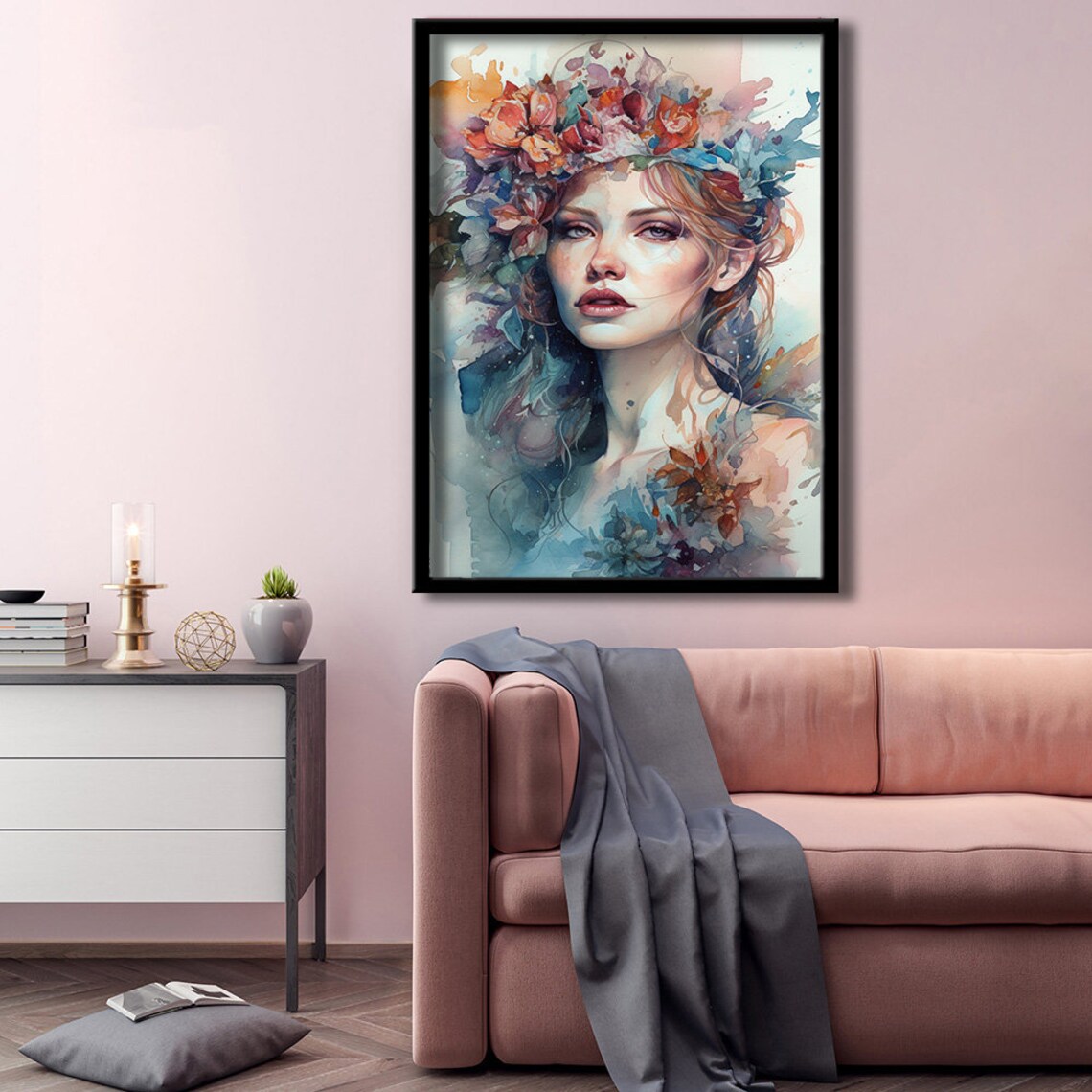 Watercolor Woman Floral Crown Dreamy Botanical Portrait Poster - Image 2