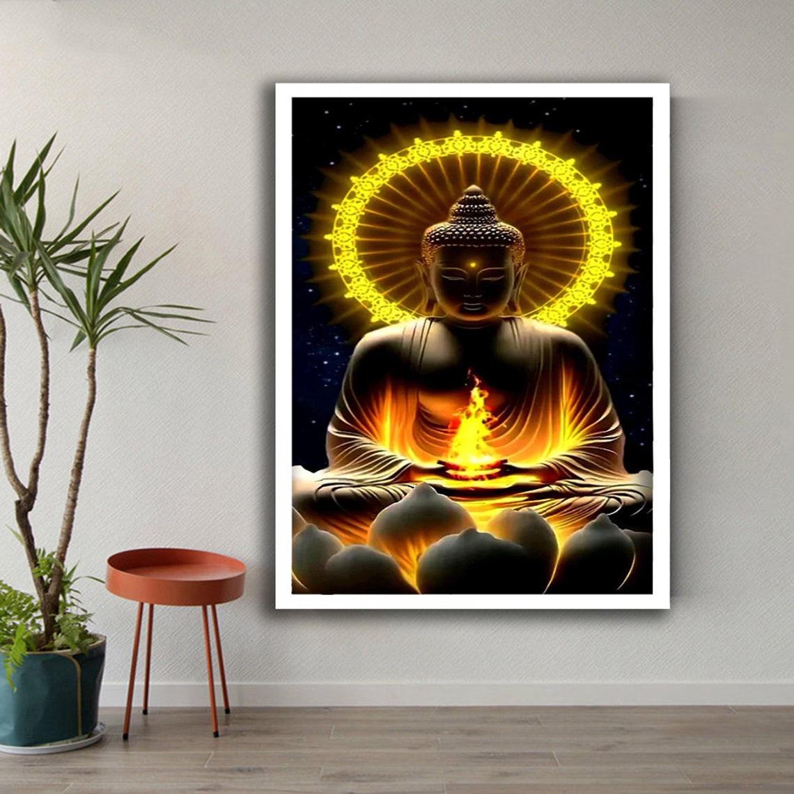 Golden Buddha Meditation Glowing Halo Spiritual Zen Wall Art Poster - Image 2