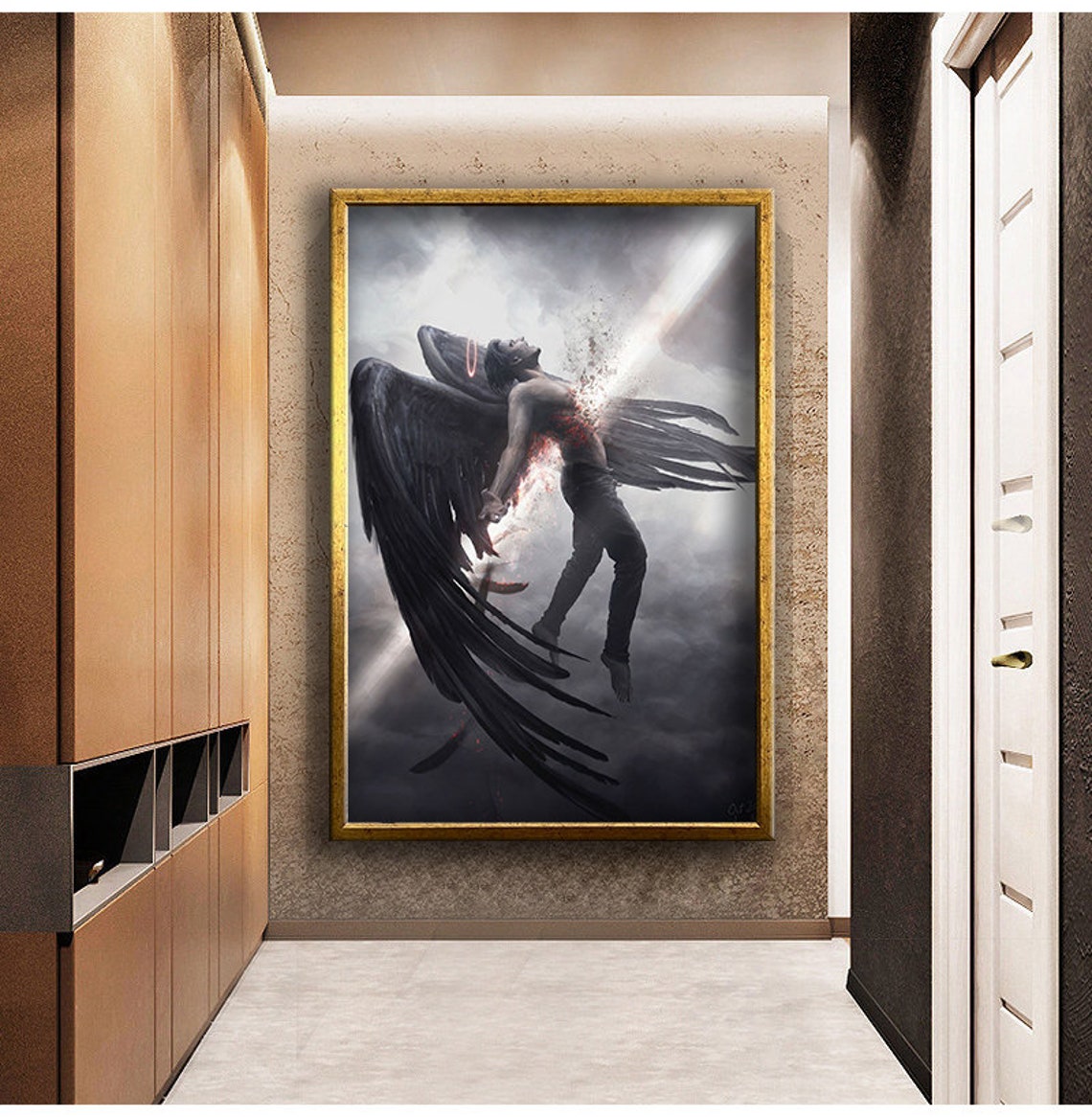 Fallen Dark Angel Black Wings Stormy Sky Fantasy Wall Art Poster