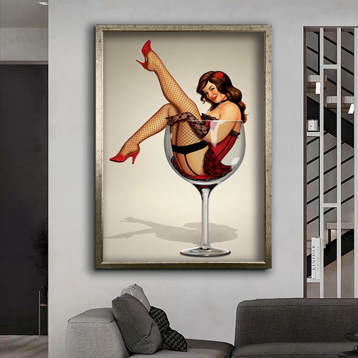 Vintage Pin Up Woman Sitting In Giant Wine Glass Retro Red Art Poster - Image 4