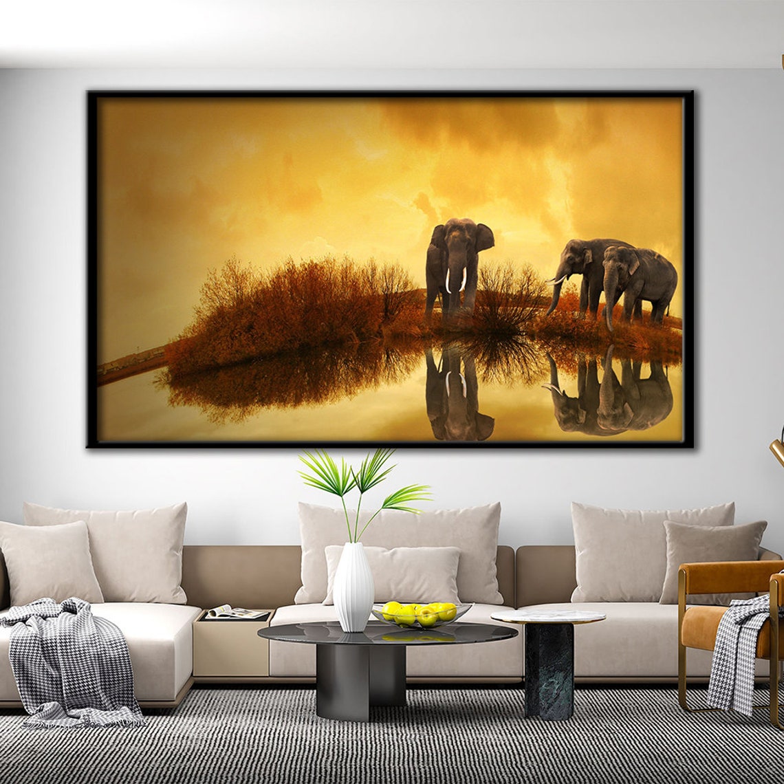 Three Elephants At Golden Sunset Water Reflection Safari Art Poster - Image 2