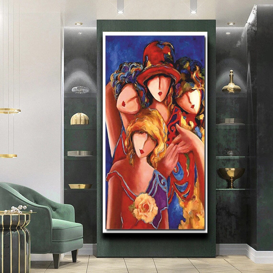 Four Women Embrace Colorful Dresses Joyful Friendship Art Print - Image 4