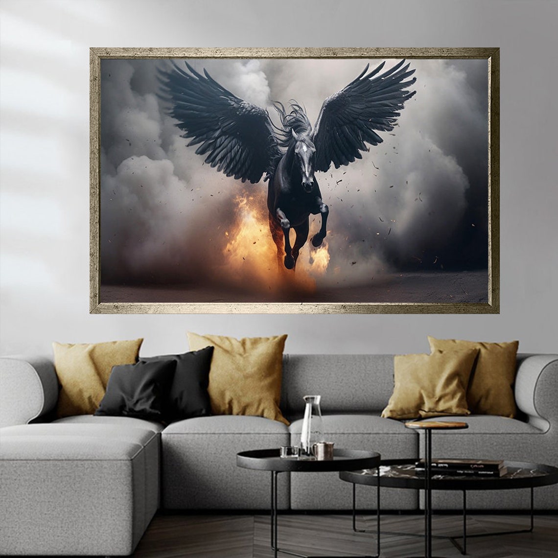 Black Pegasus Winged Horse Fire Smoke Fantasy Art Wall Poster - Image 2