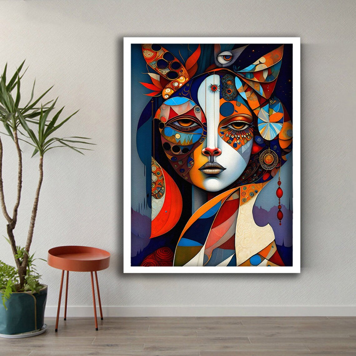 Cubist Woman Face Colorful Abstract Portrait Blue Orange Mosaic Art Poster - Image 3