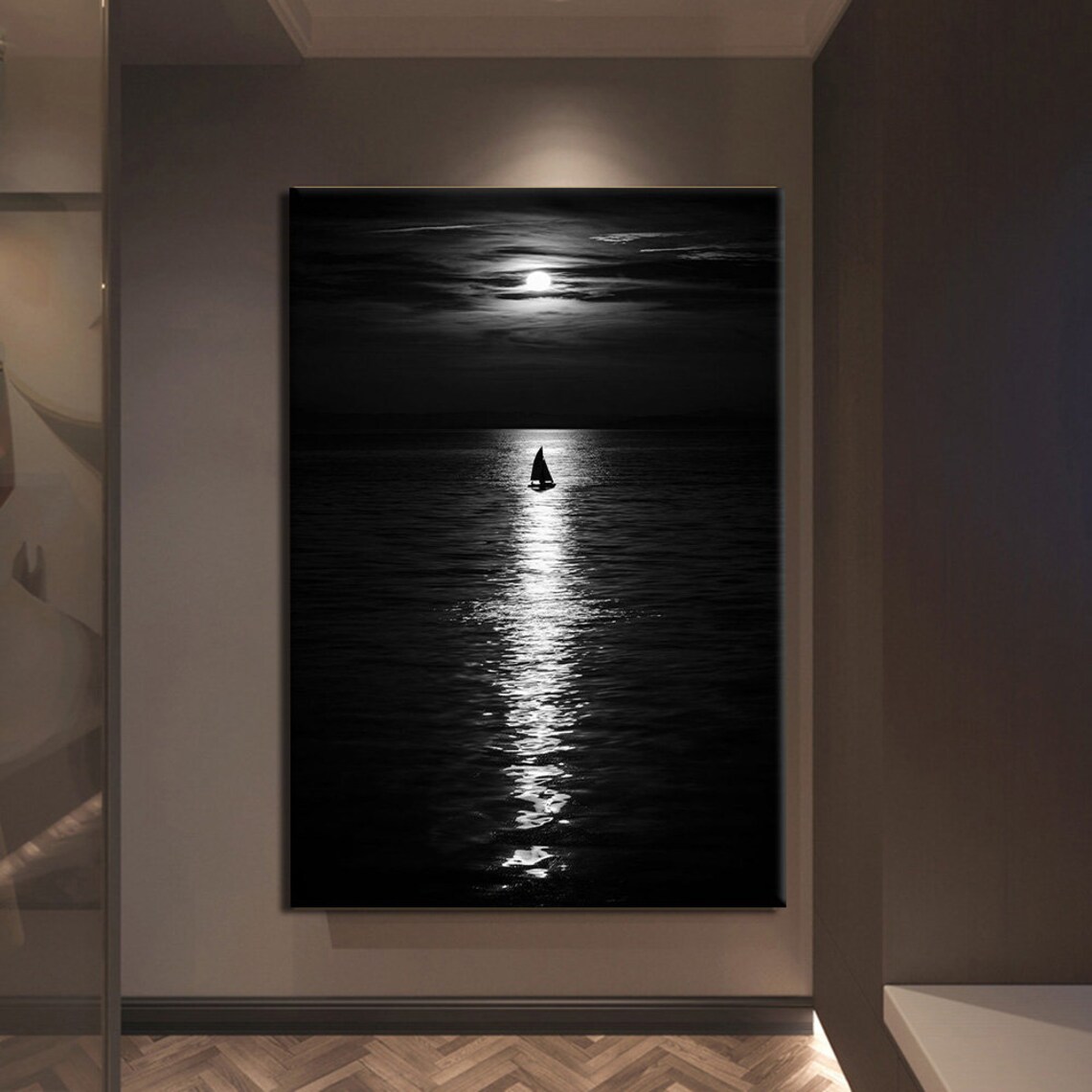 Moonlit Ocean Sailboat Black White Night Sea Landscape Wall Art Print - Image 2