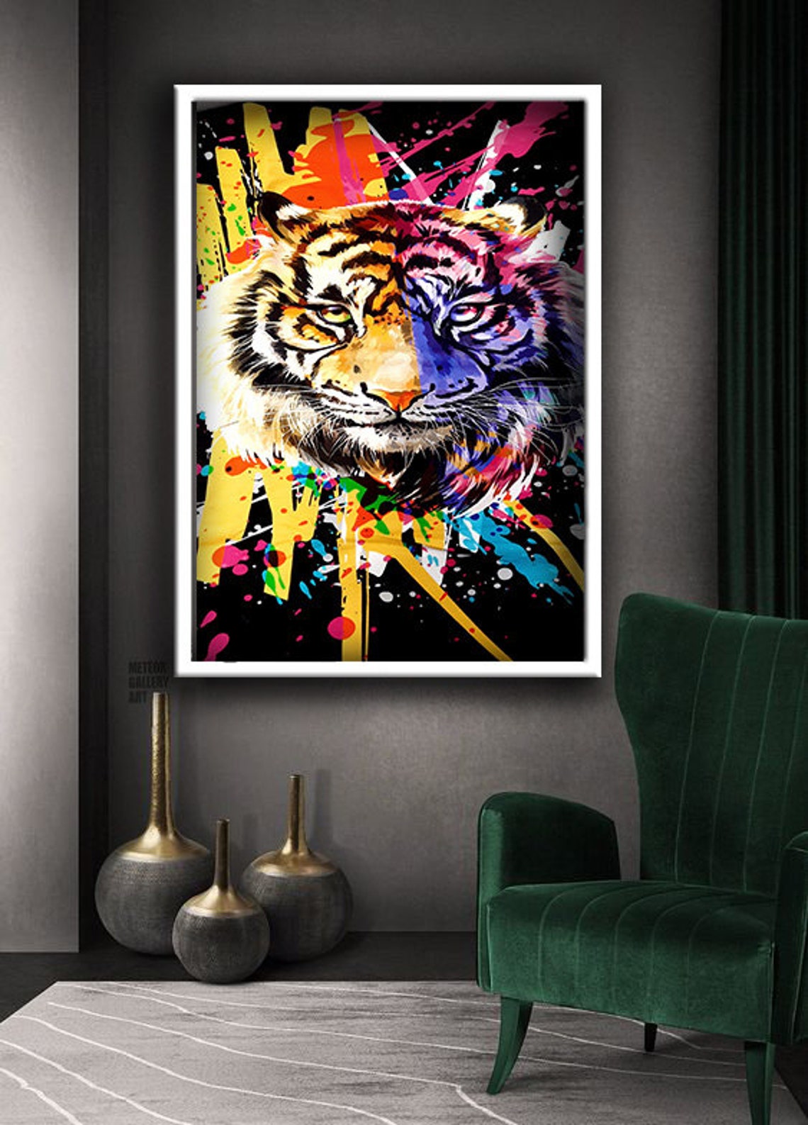 Majestic Tiger Face Half Colorful Neon Graffiti Street Art Poster - Image 2