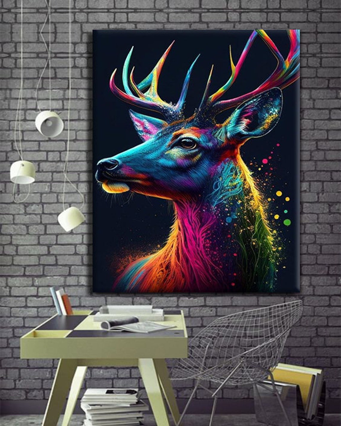 Neon Rainbow Deer Stag Profile Dark Background Animal Wall Art Print - Image 3