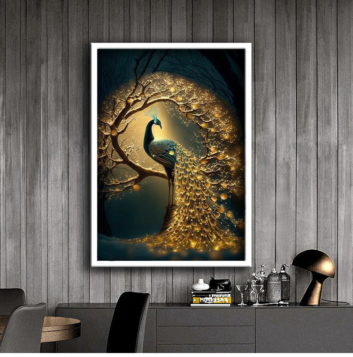 Golden Peacock Glowing Night Tree Magical Enchanted Bird Art - Image 2