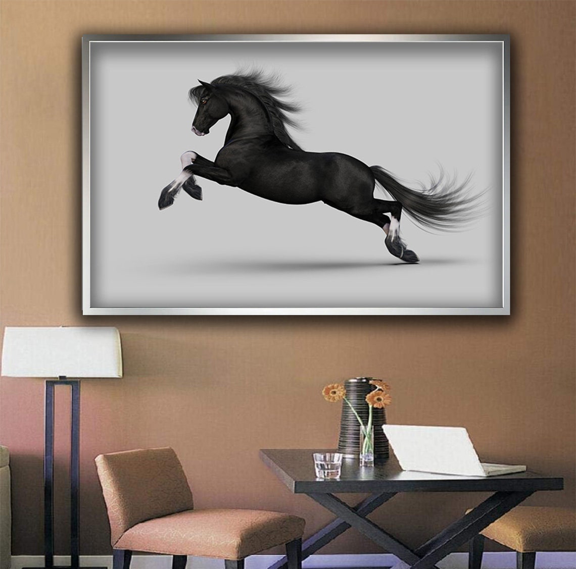 Noble Black Horse Prancing White Background Elegant Animal Wall Art - Image 2