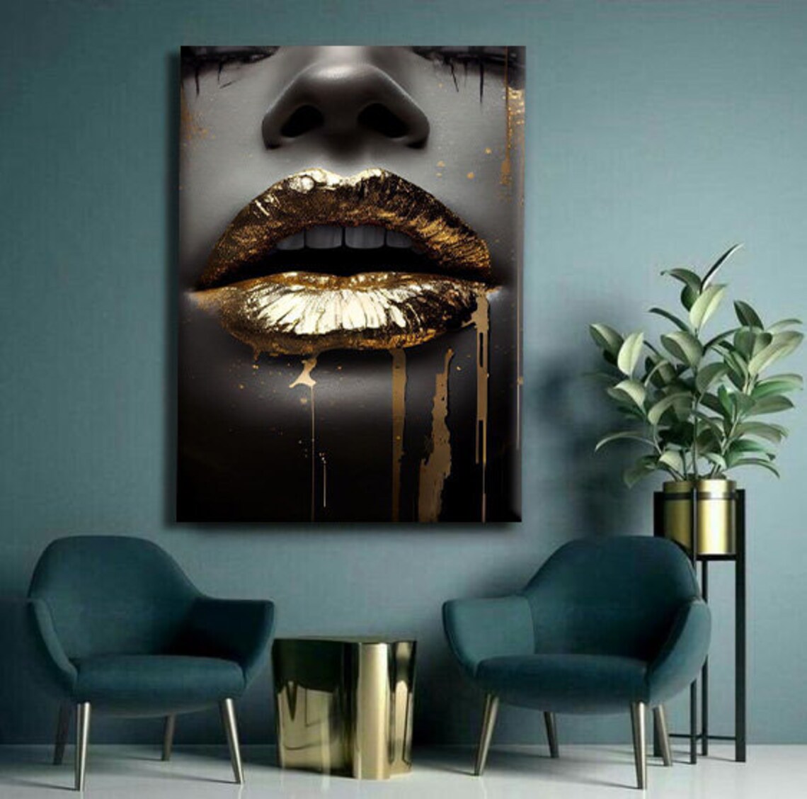 Woman Golden Lips Dripping Gold Black White Photo Beauty Art Wall Poster - Image 2