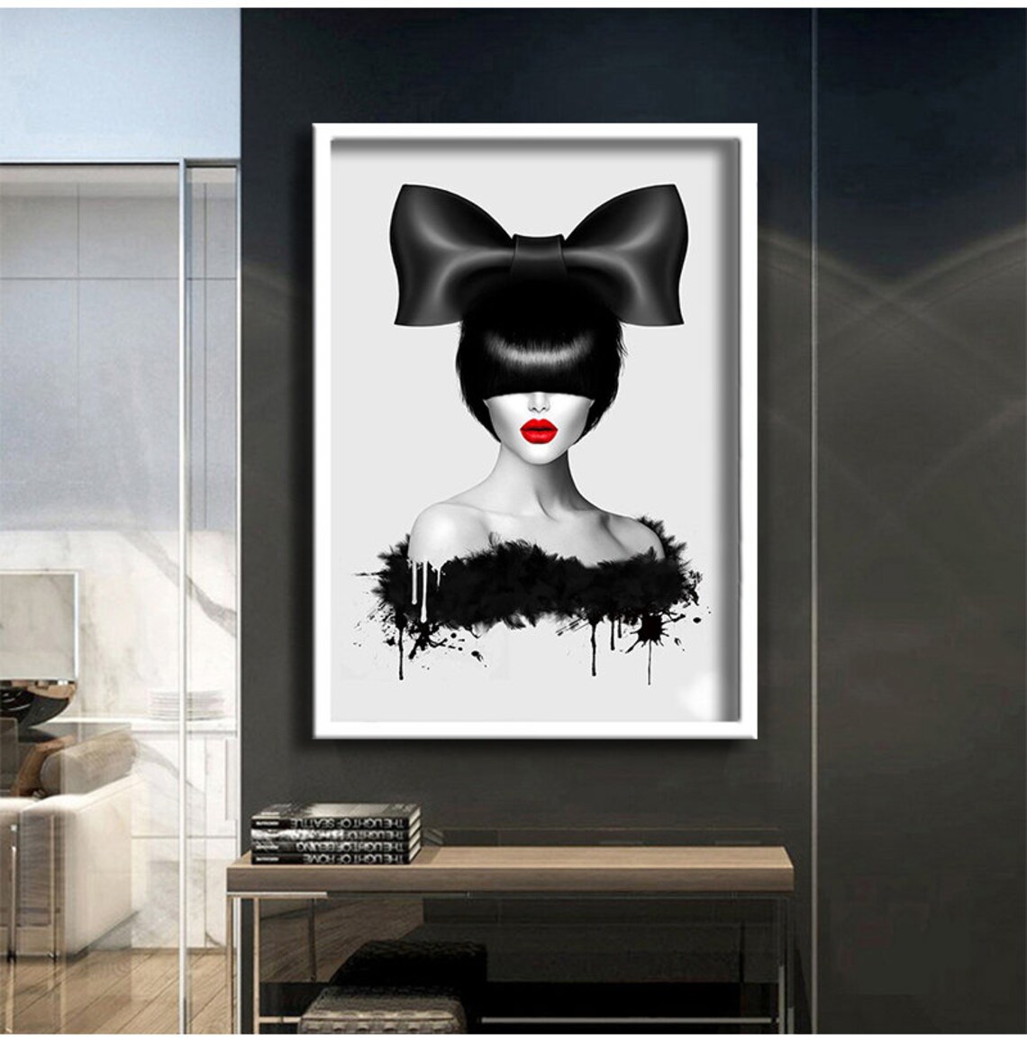 Black White Woman Big Bow Portrait Red Lips Fashion Art Wall Poster - Image 2