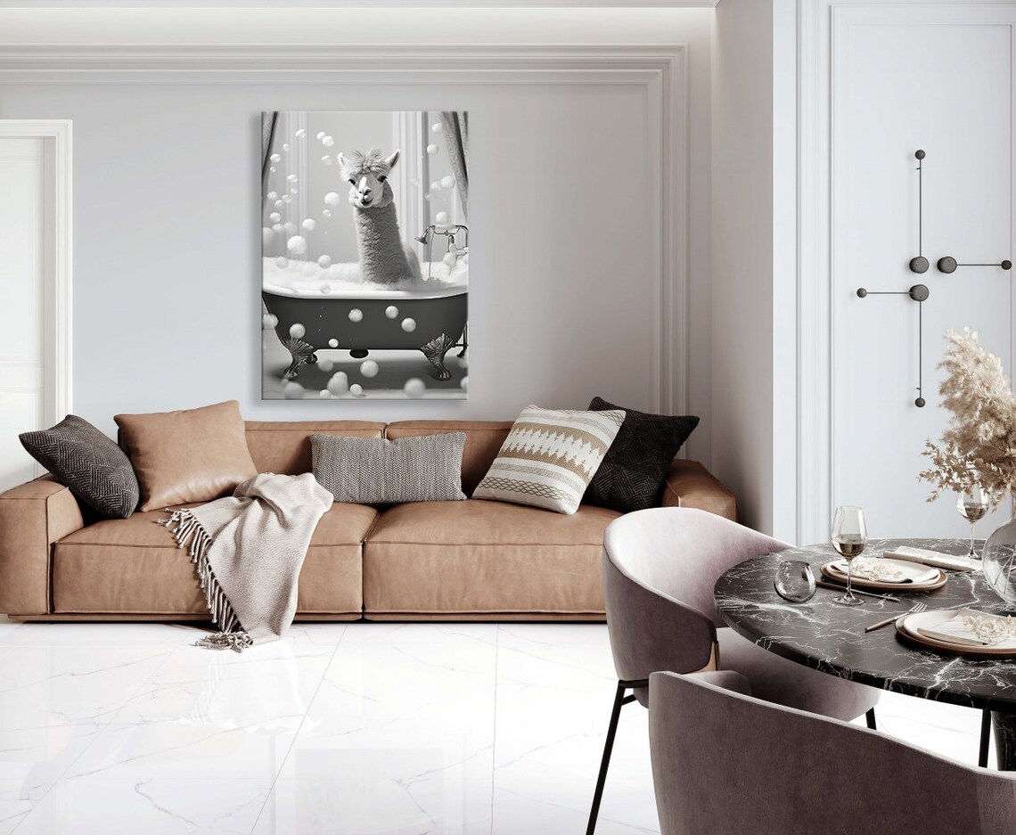Cute Llama In Vintage Clawfoot Bathtub With Bubbles Funny Animal Wall Art - Image 4