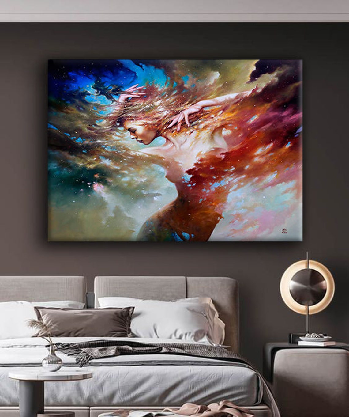 Ethereal Cosmic Goddess Dissolving Into Colorful Nebula Sky Poster - Image 2