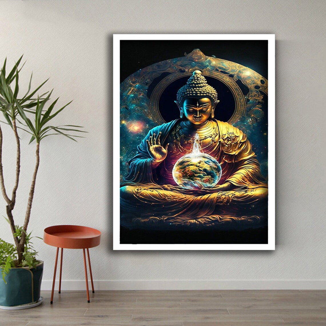 Golden Buddha Holding Glowing Earth Cosmic Galaxy Spiritual Zen Art Poster - Image 2