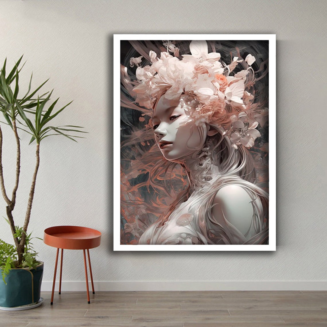 Pink Blossom Hair Woman Portrait Dark Floral Fantasy Art Poster - Image 2
