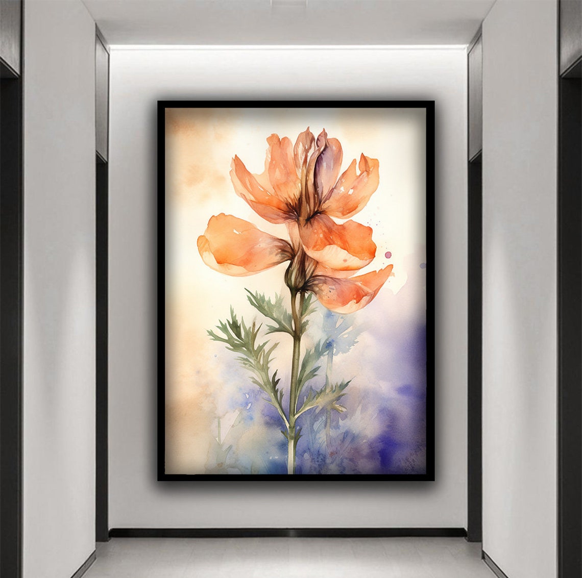 Delicate Orange Poppy Flower Watercolor Botanical Painting Wall Art - Image 3