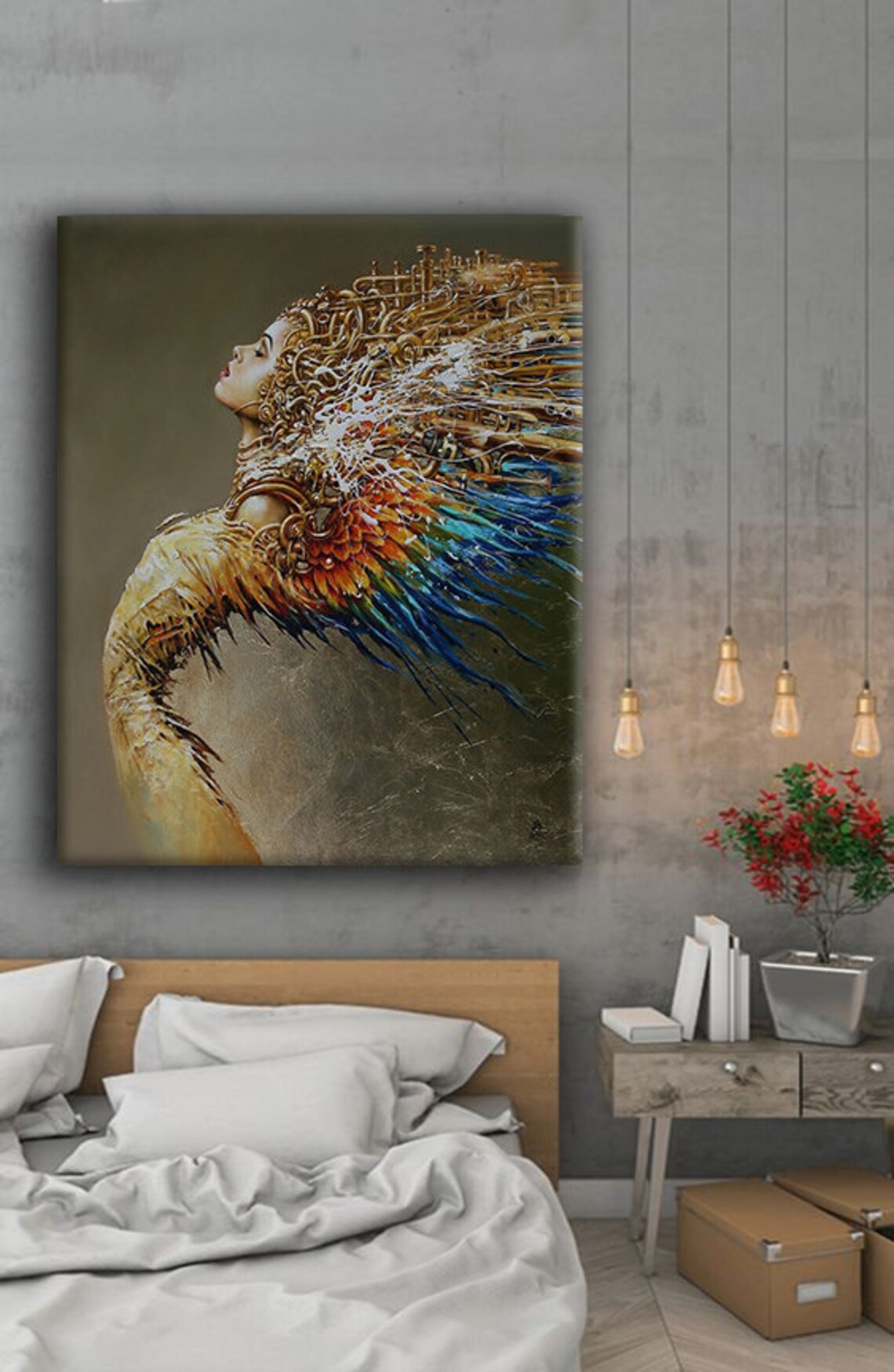 Woman Golden Lace Hair Colorful Feathers Surreal Elegant Portrait Print - Image 4