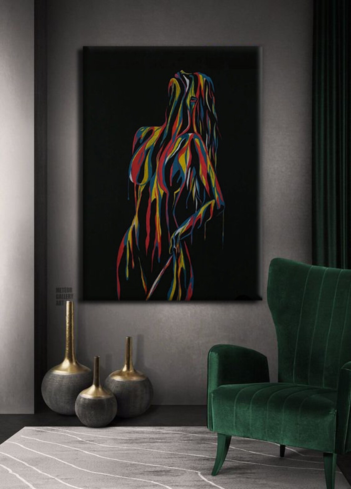 Rainbow Drip Woman Silhouette Flowing Color Ribbons Black Background Art Poster - Image 2